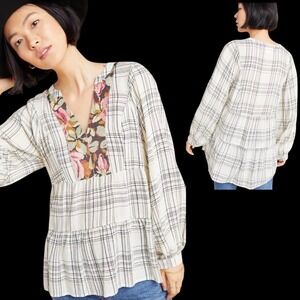 Anthropologie Darlene Plaid Peasant Floral 16% Wool Blouse SP‎ Small Petite #35